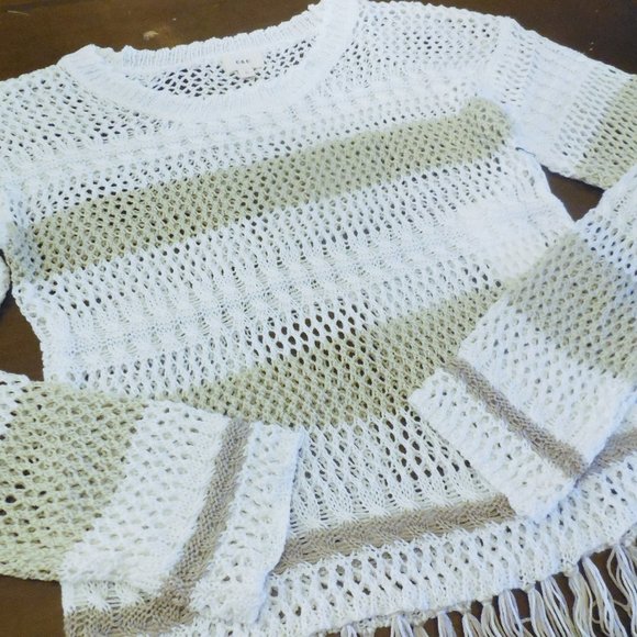 Pullover Sweater NEW Fringed See-through Knit Top Long Sleeve cream-beige summer - Picture 5 of 9